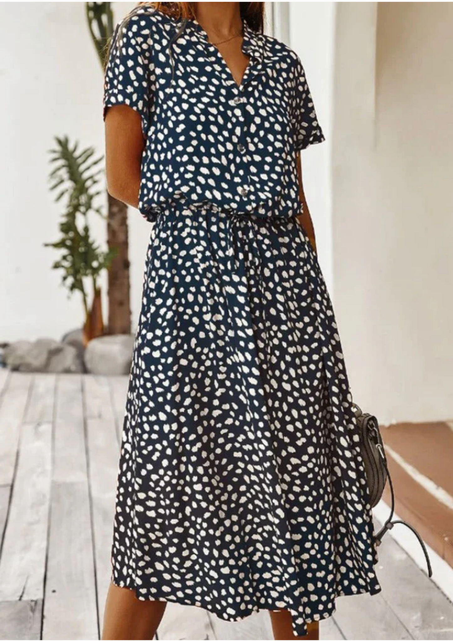 Women's Spotted Print Button Down Midi Dress