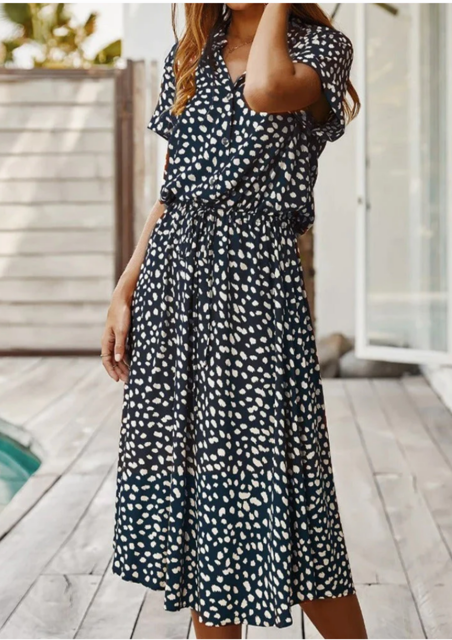 Women's Spotted Print Button Down Midi Dress