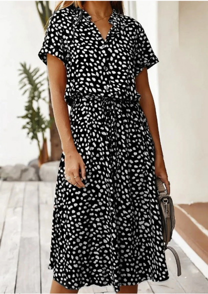 Women's Spotted Print Button Down Midi Dress
