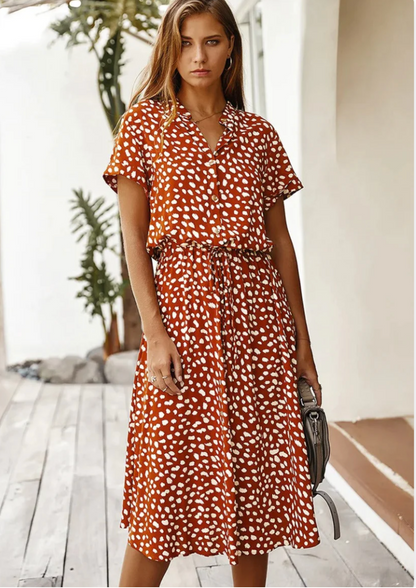 Women's Spotted Print Button Down Midi Dress