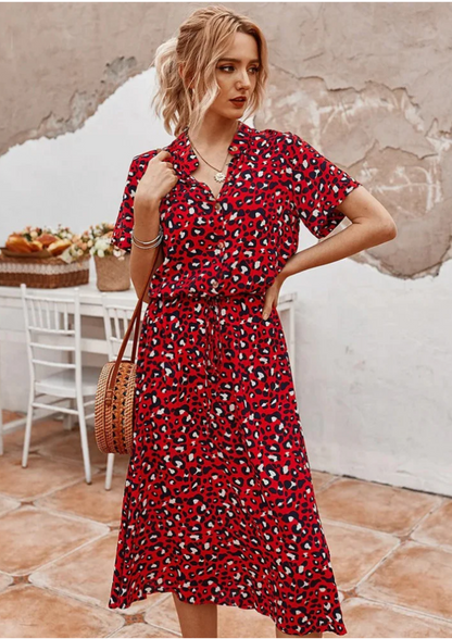 Women's Spotted Print Button Down Midi Dress