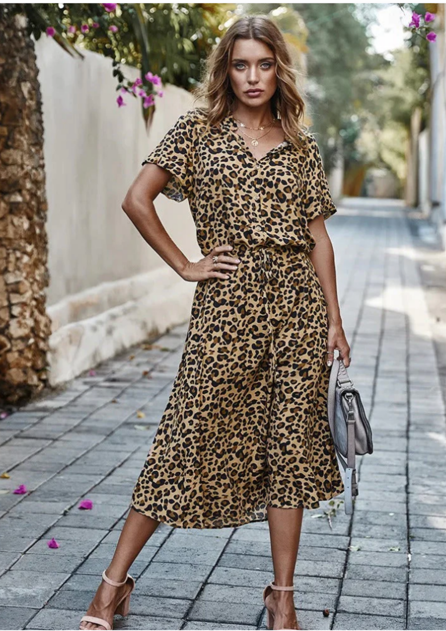 Women's Spotted Print Button Down Midi Dress