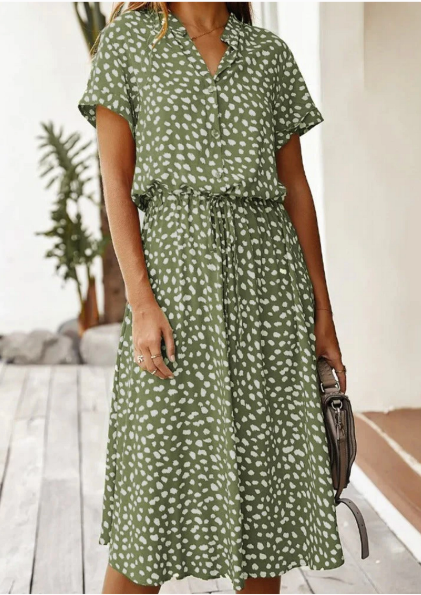 Women's Spotted Print Button Down Midi Dress