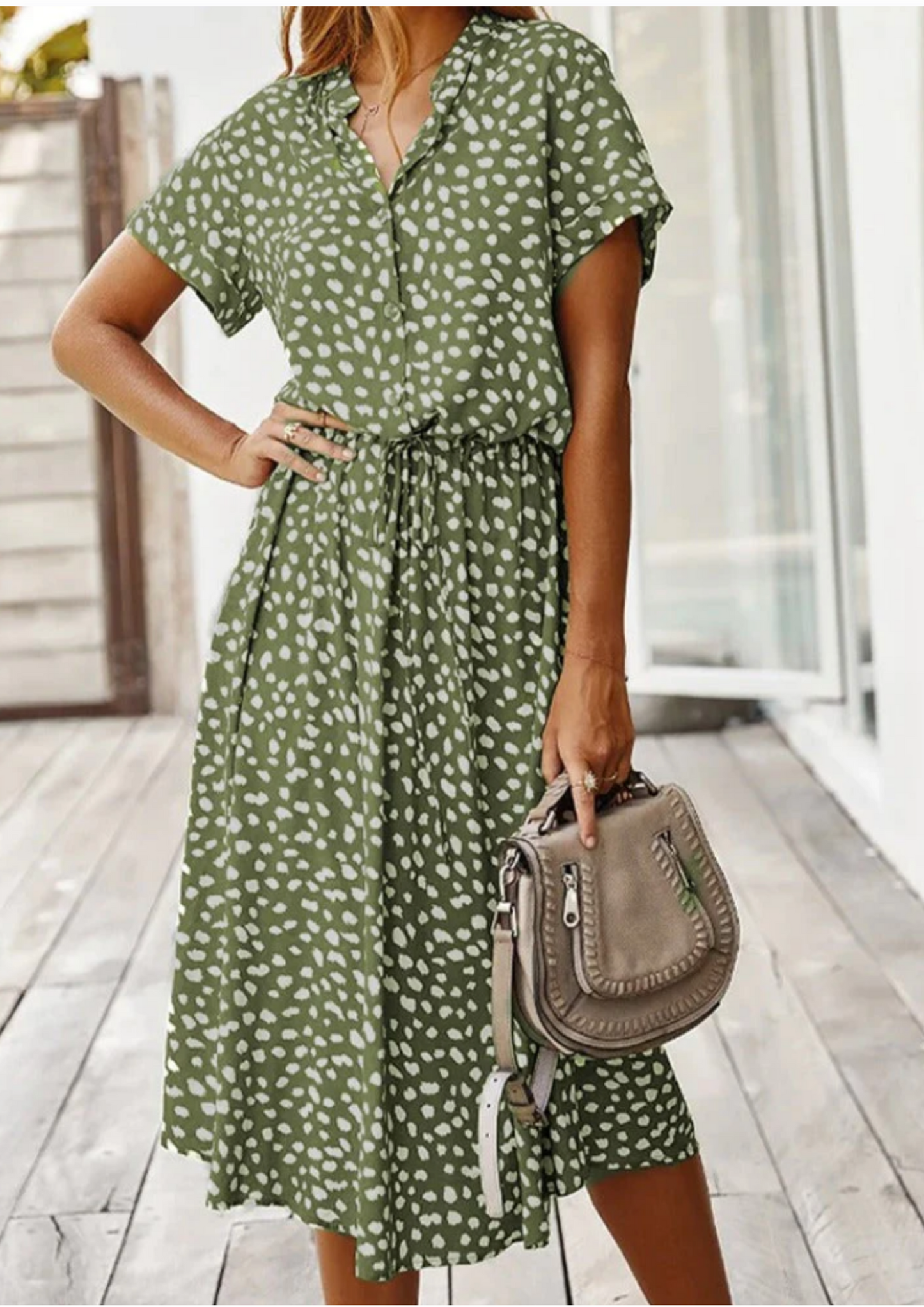 Women's Spotted Print Button Down Midi Dress