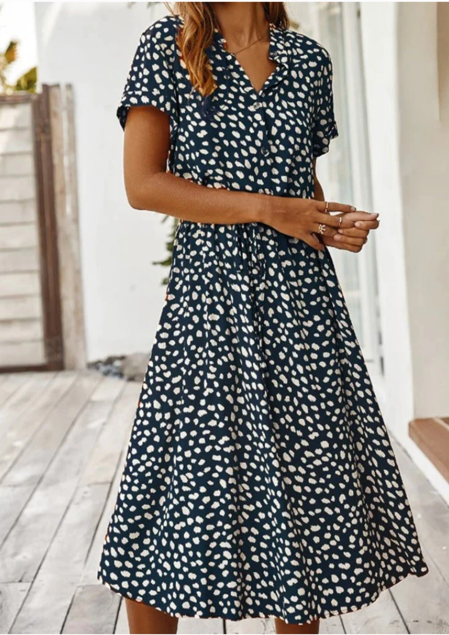 Women's Spotted Print Button Down Midi Dress