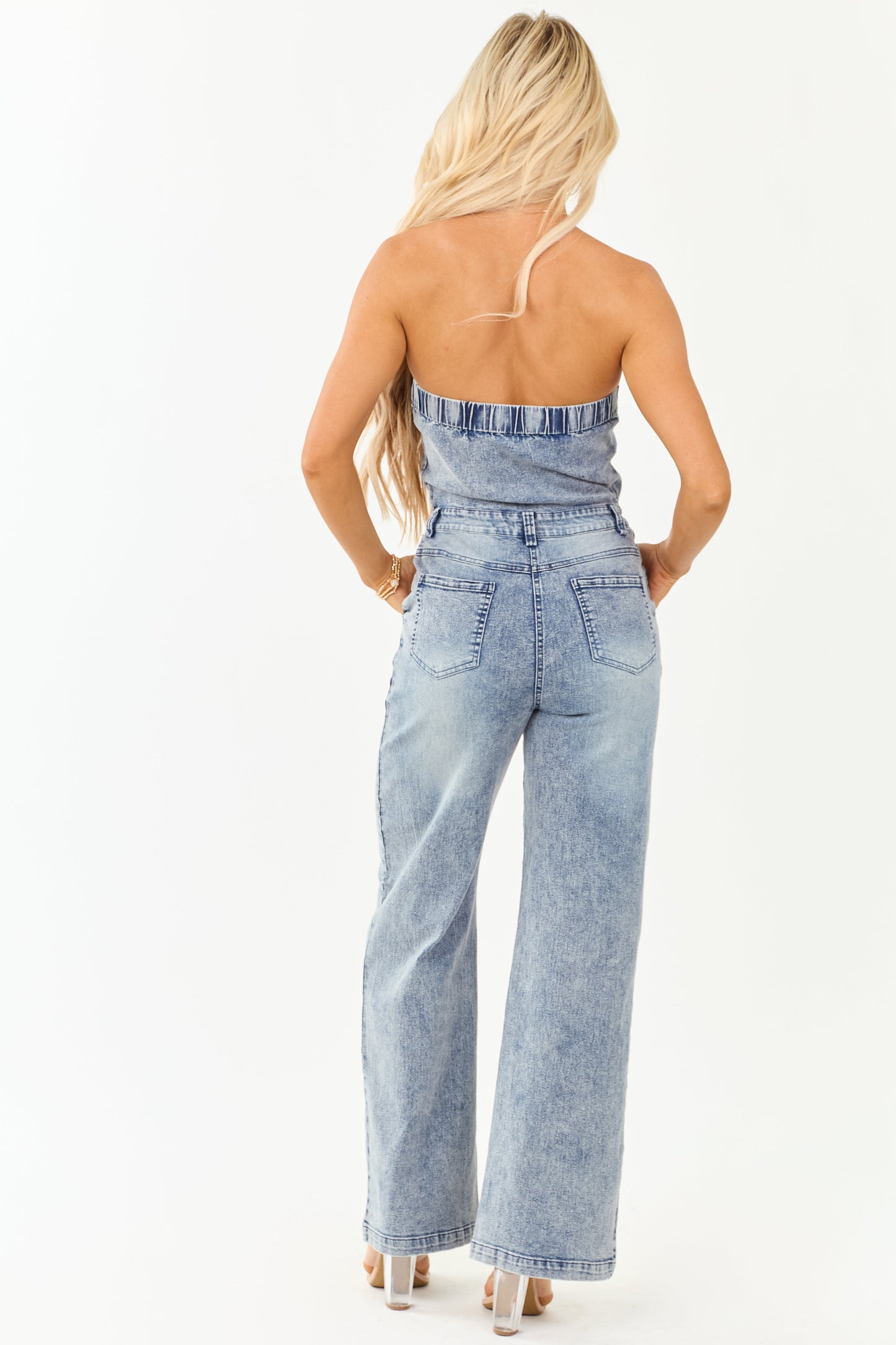 Women's Denim Strapless Jumpsuit Medium Wash Wide Leg