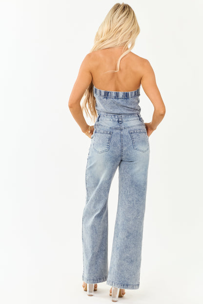 Women's Denim Strapless Jumpsuit Medium Wash Wide Leg