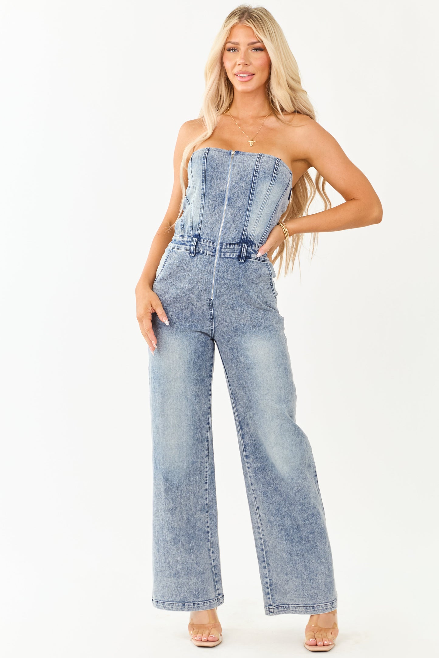 Women's Denim Strapless Jumpsuit Medium Wash Wide Leg - Fashinoza