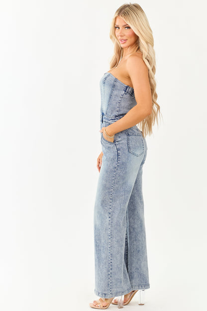 Women's Denim Strapless Jumpsuit Medium Wash Wide Leg