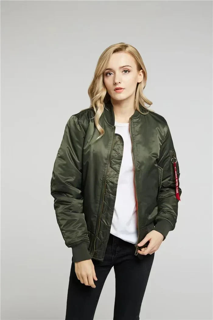 Women's Windproof Bomber Jacket Zip Pocket Ribbed Cuffs - Fashinoza
