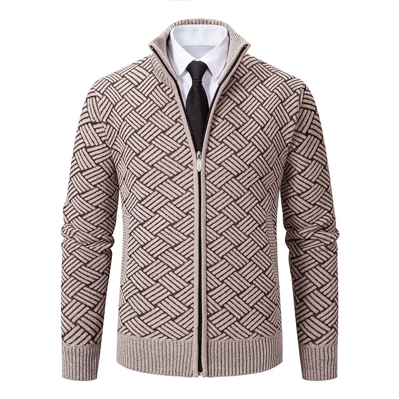 Men's Zip-Up Cardigan Geometric Knit Polyester High Collar - Fashinoza