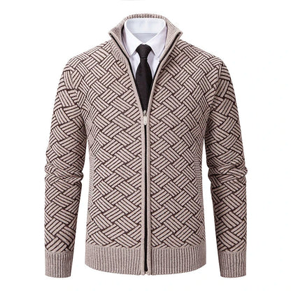Men's Zip-Up Cardigan Geometric Knit Polyester High Collar - Fashinoza