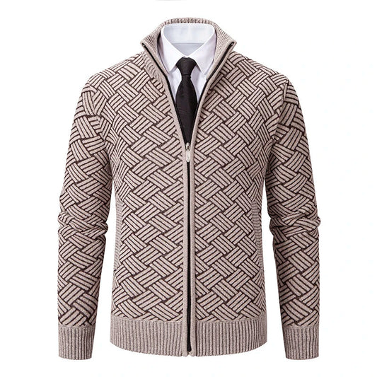 Men's Zip-Up Cardigan Geometric Knit Polyester High Collar - Fashinoza