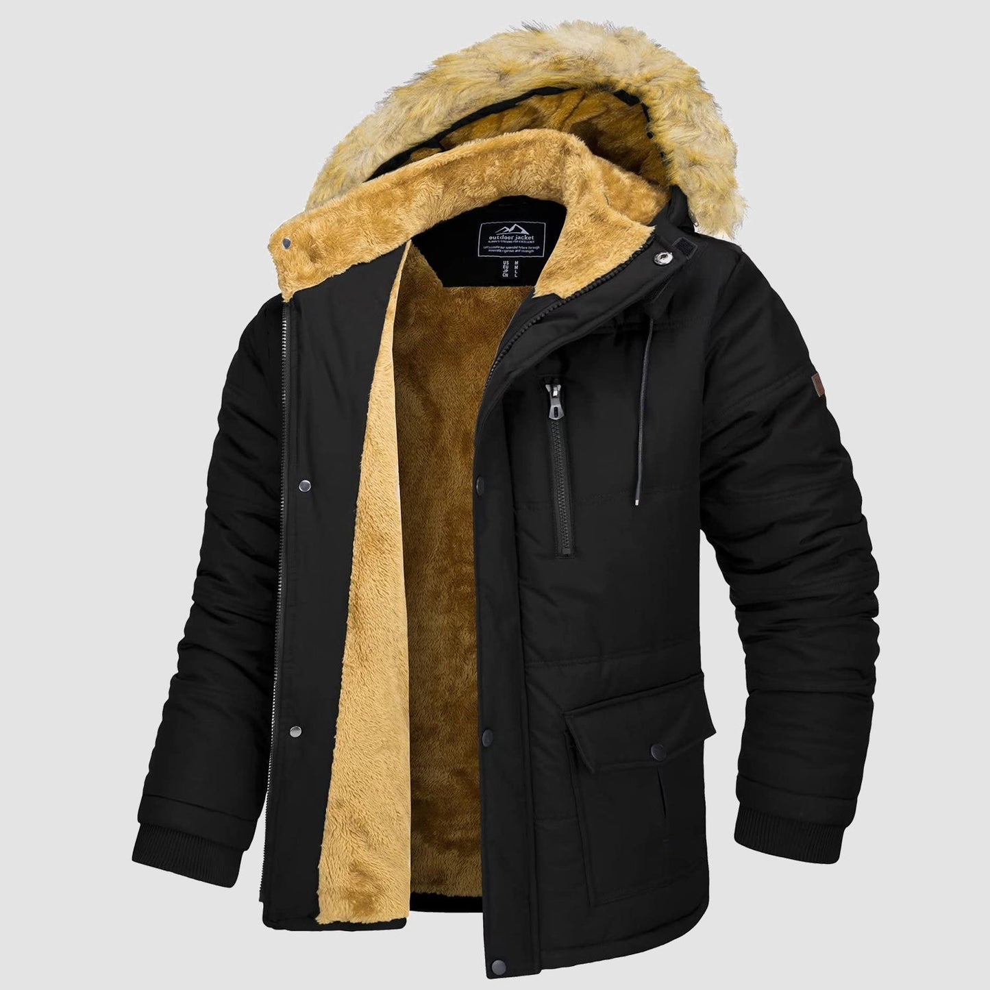 Men's Fleece-Lined Parka Jacket Warm Puffer Black - Fashinoza