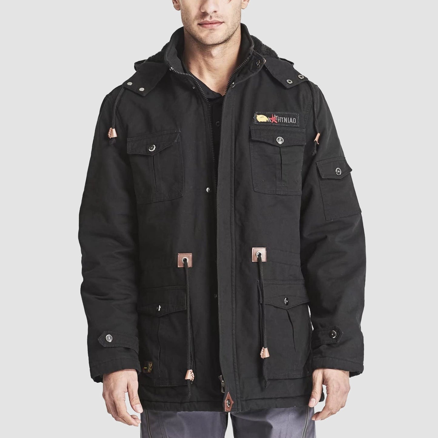 Men's Military Parka Jacket Fleece Lined Waterproof Black