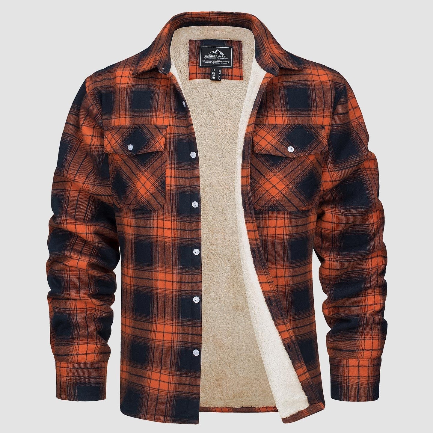 Men's Flannel Shirt Jacket Fleece Lined Cotton Warm Brown