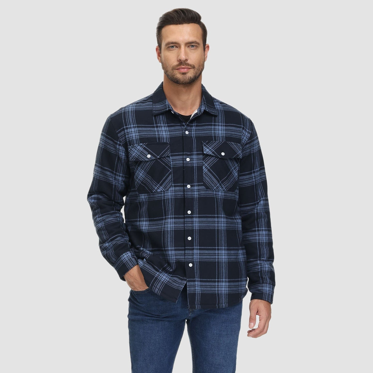 Men's Flannel Shirt Jacket Fleece Lined Cotton Warm Brown