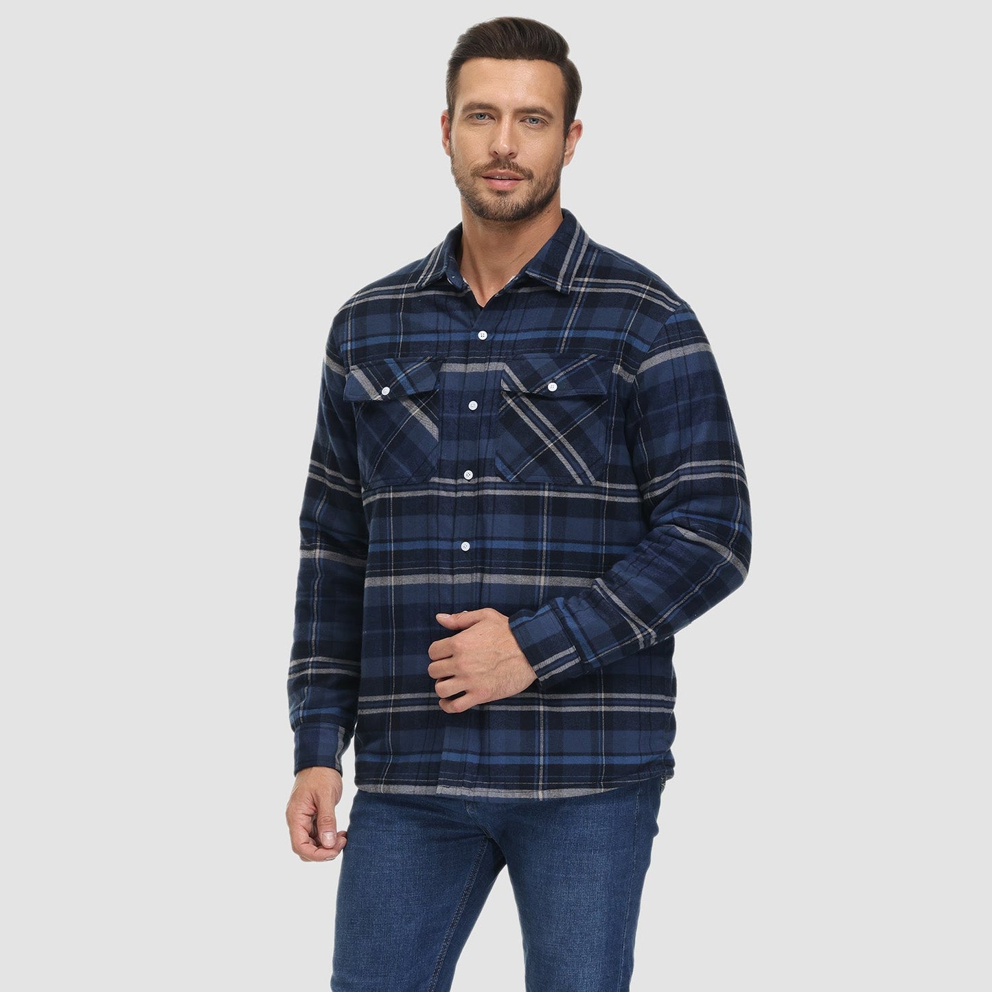 Men's Flannel Shirt Jacket Fleece Lined Cotton Warm Brown