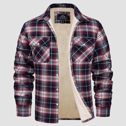 Men's Flannel Shirt Jacket Fleece Lined Cotton Warm Brown