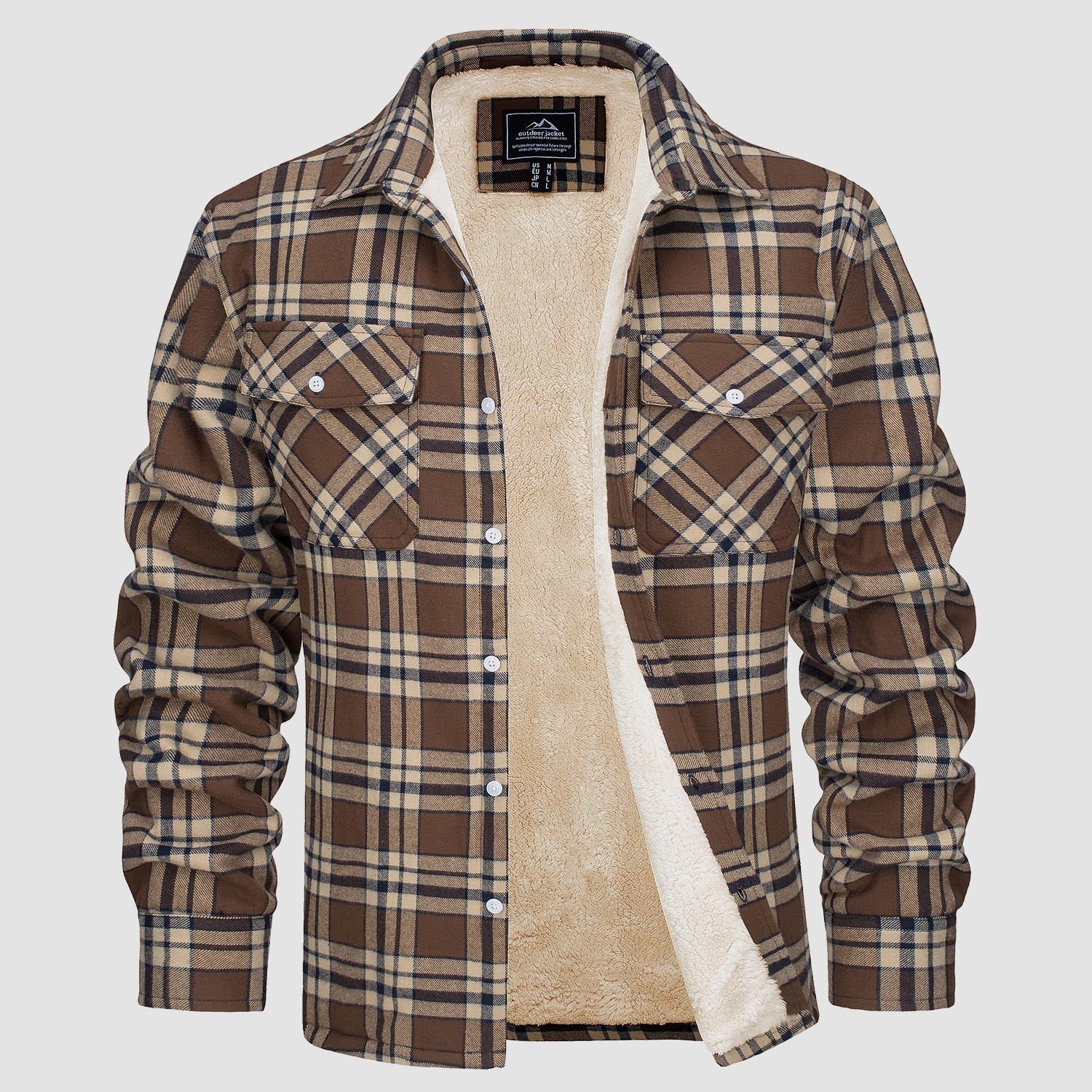 Men's Flannel Shirt Jacket Fleece Lined Cotton Warm Brown - Fashinoza