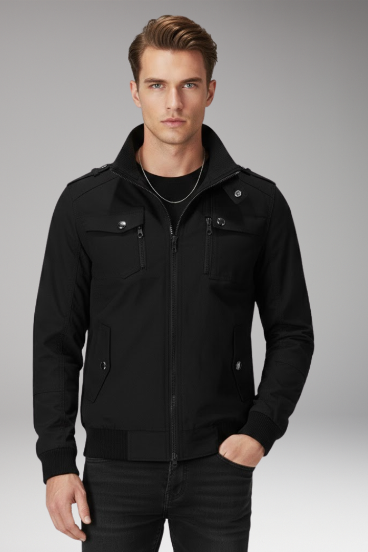 Men's Bomber Jacket Ribbed Hem Stand Collar
