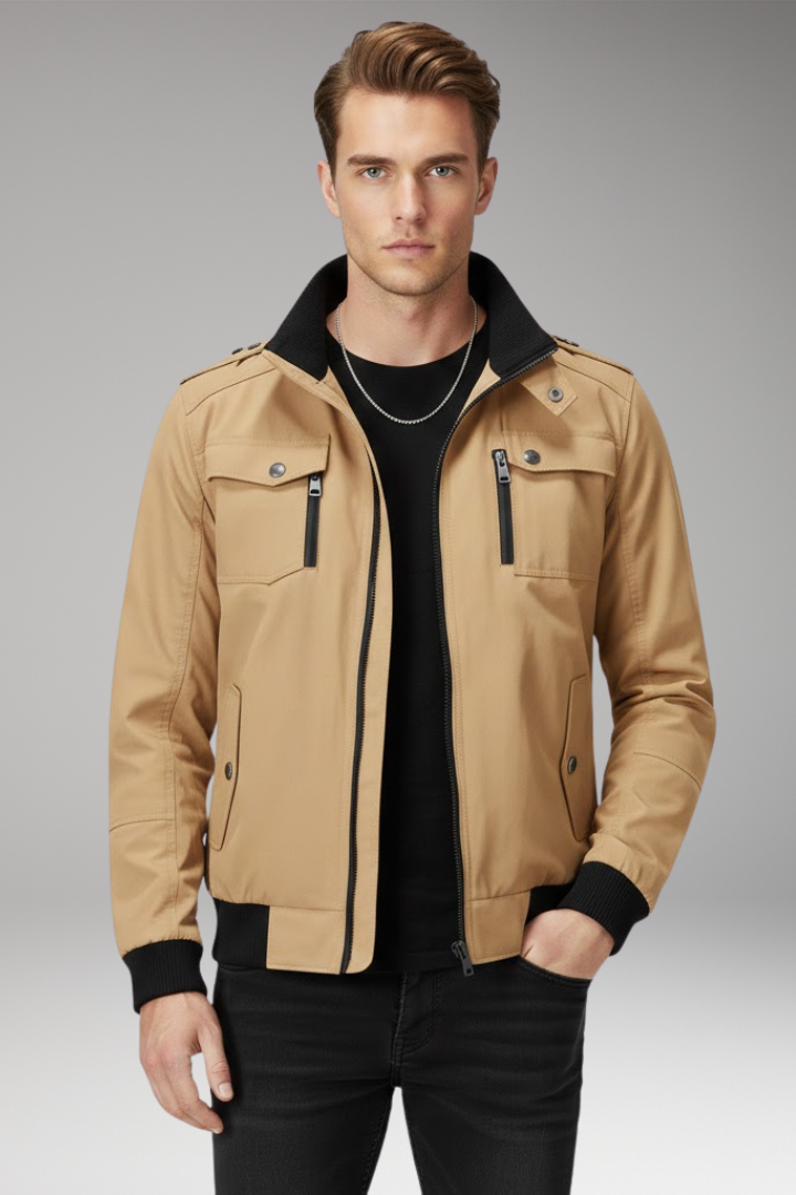 Men's Bomber Jacket Ribbed Hem Stand Collar