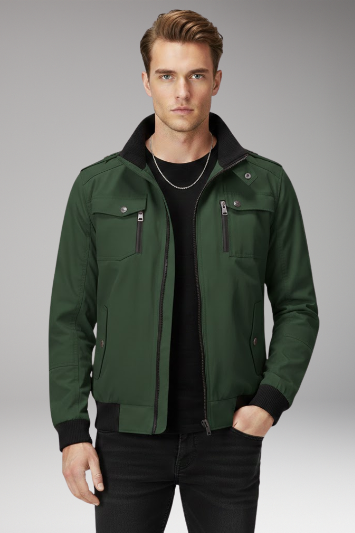 Men's Bomber Jacket Ribbed Hem Stand Collar