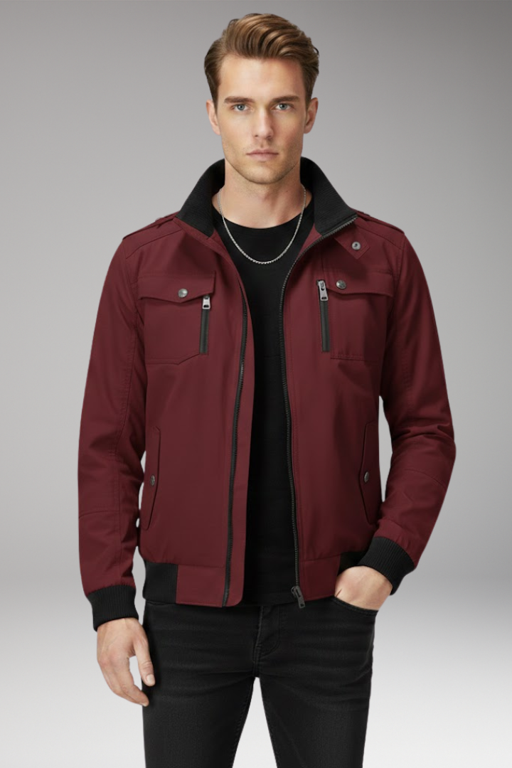 Men's Bomber Jacket Ribbed Hem Stand Collar