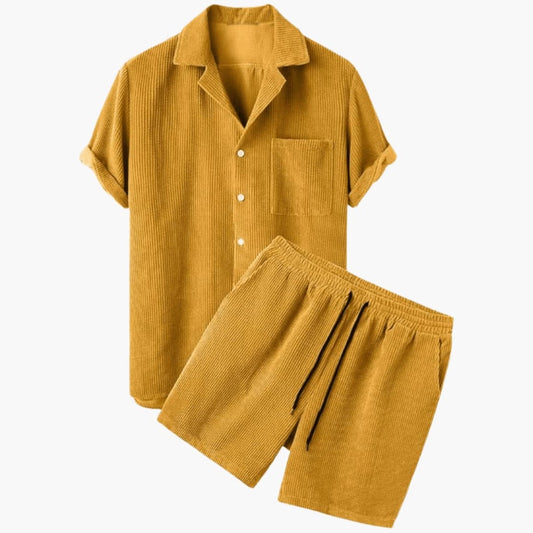 Men's Corduroy Short Sleeve Shirt And Shorts Set - Fashinoza