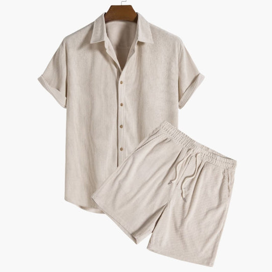 Men's Corduroy Shorts Set Short Sleeve Shirt - Fashinoza