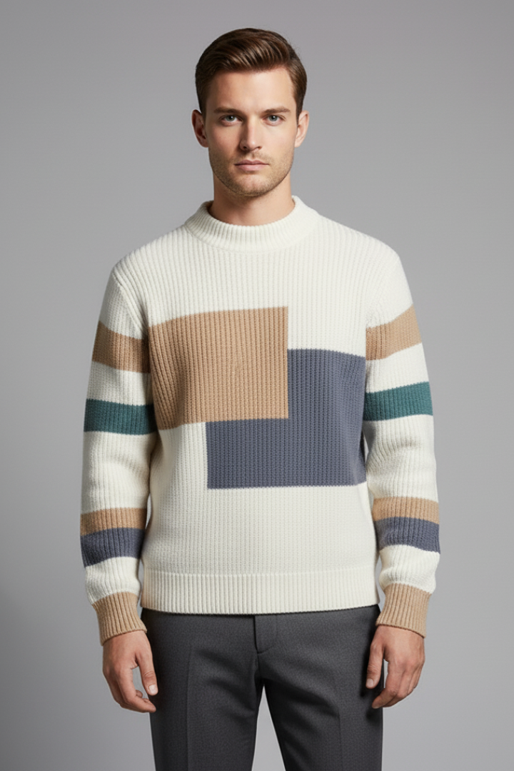 Men's Geometric Sweater High Neck Ribbed Knit