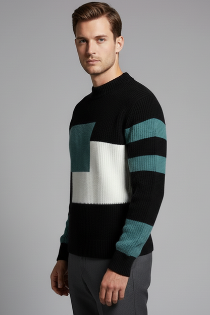Men's Geometric Sweater High Neck Ribbed Knit