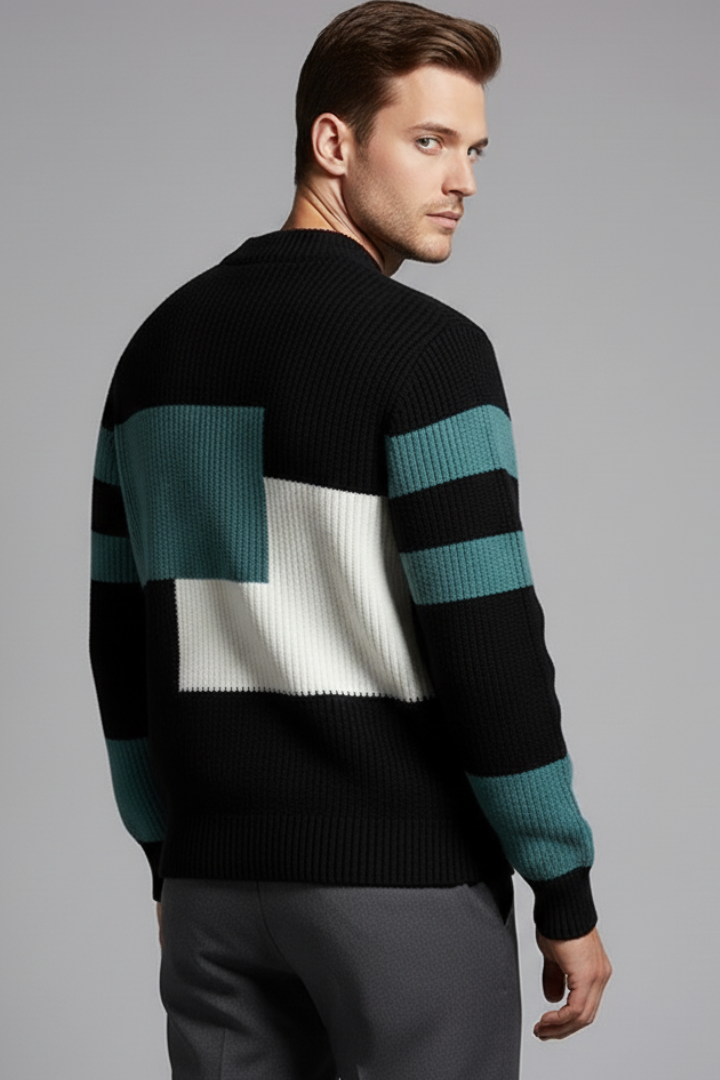 Men's Geometric Sweater High Neck Ribbed Knit