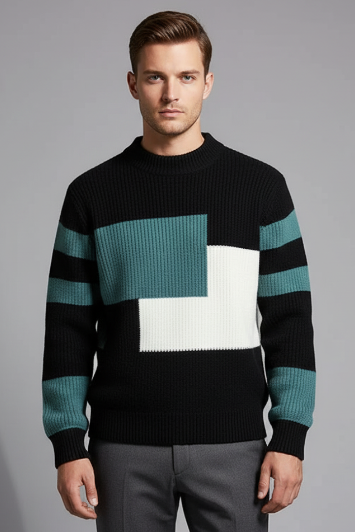 Men's Geometric Sweater High Neck Ribbed Knit