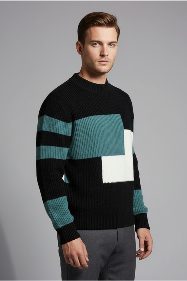 Men's Geometric Sweater High Neck Ribbed Knit
