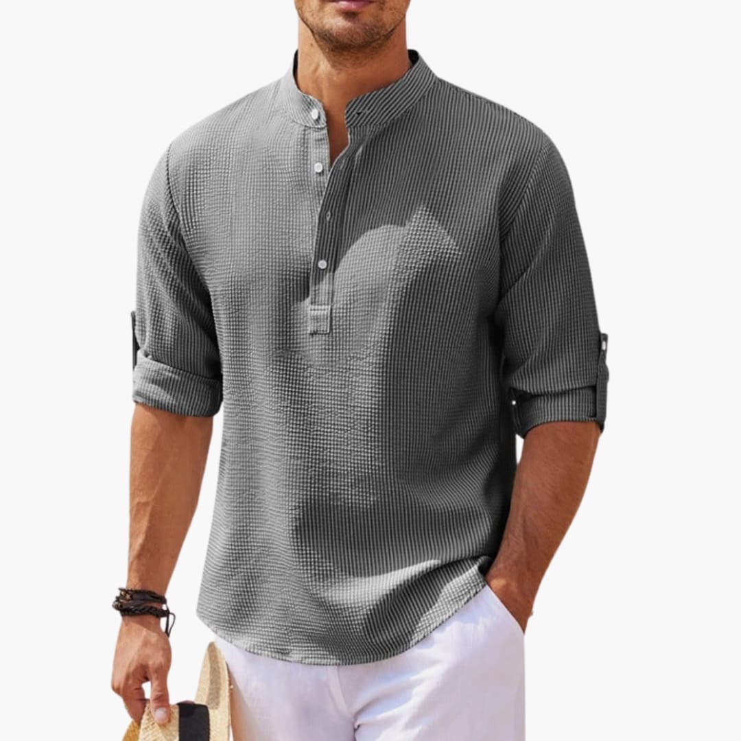 Men's Henley Shirt Button Front Rolled Sleeves - Fashinoza