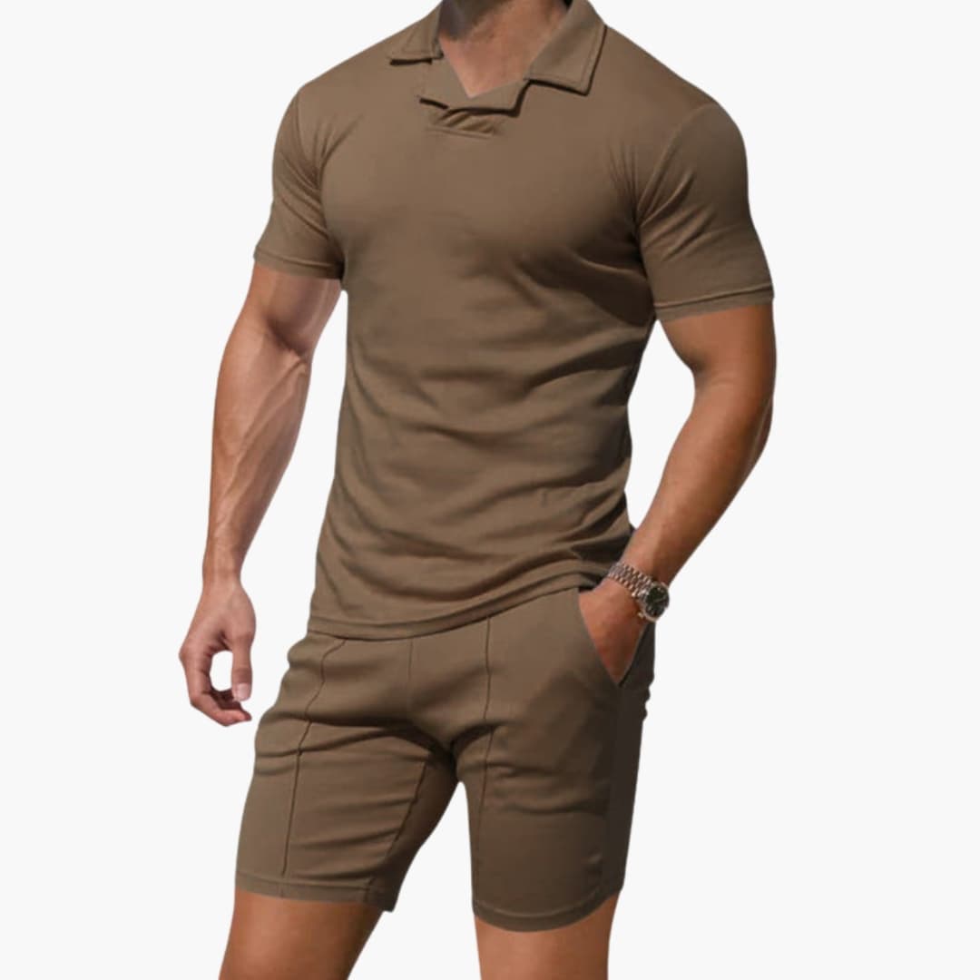 Men's Two-Piece Set High Collar and Drawstring Shorts - Fashinoza