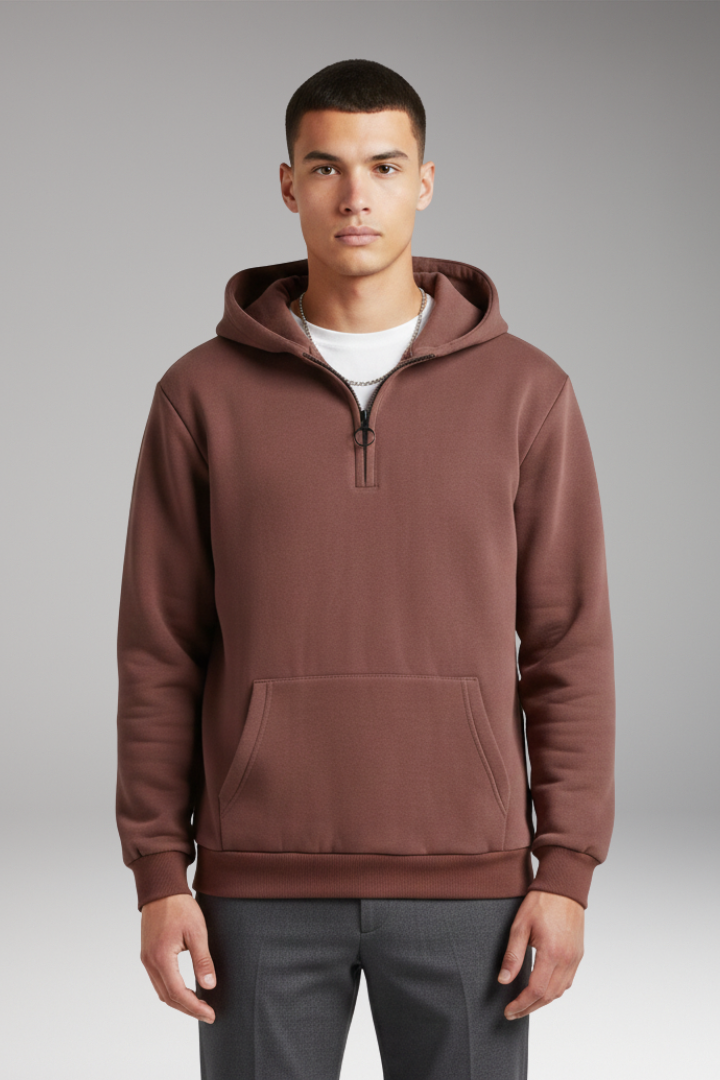 Men's Half-Zip Hoodie Cotton Front Pocket Black
