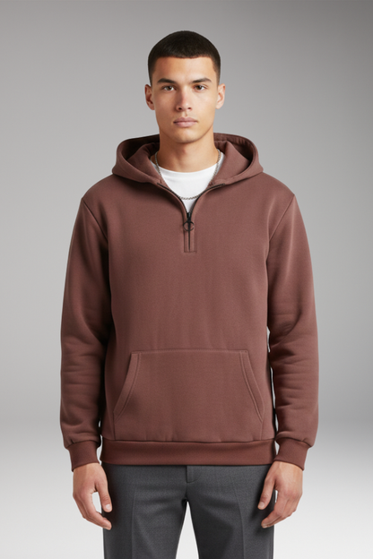 Men's Half-Zip Hoodie Cotton Front Pocket Black