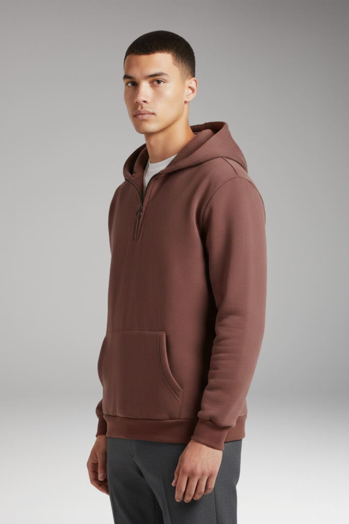 Men's Half-Zip Hoodie Cotton Front Pocket Black