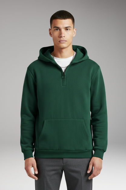 Men's Half-Zip Hoodie Cotton Front Pocket Black