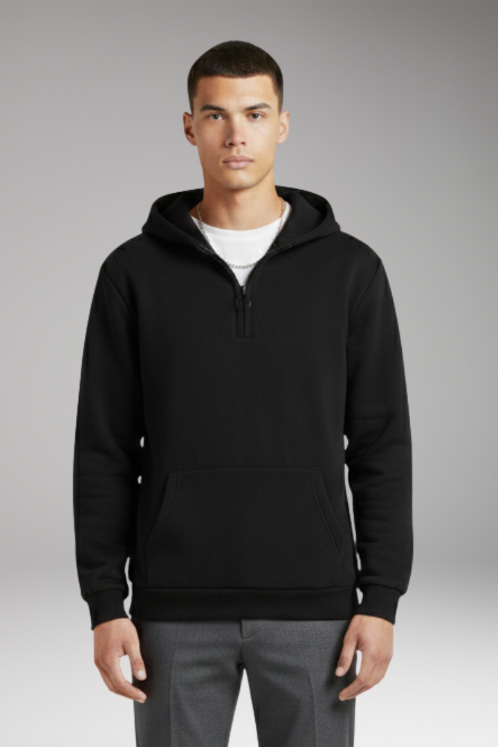 Men's Half-Zip Hoodie Cotton Front Pocket Black