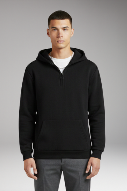 Men's Half-Zip Hoodie Cotton Front Pocket Black
