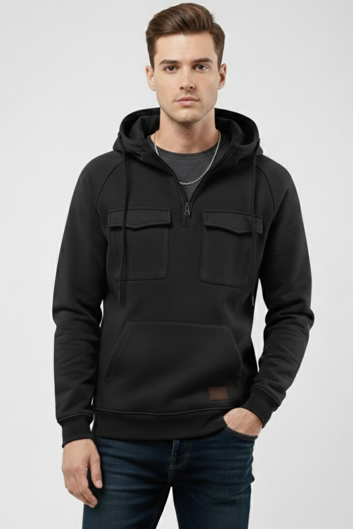 Men's Hooded Sweatshirt Half Zip Chest Pocket