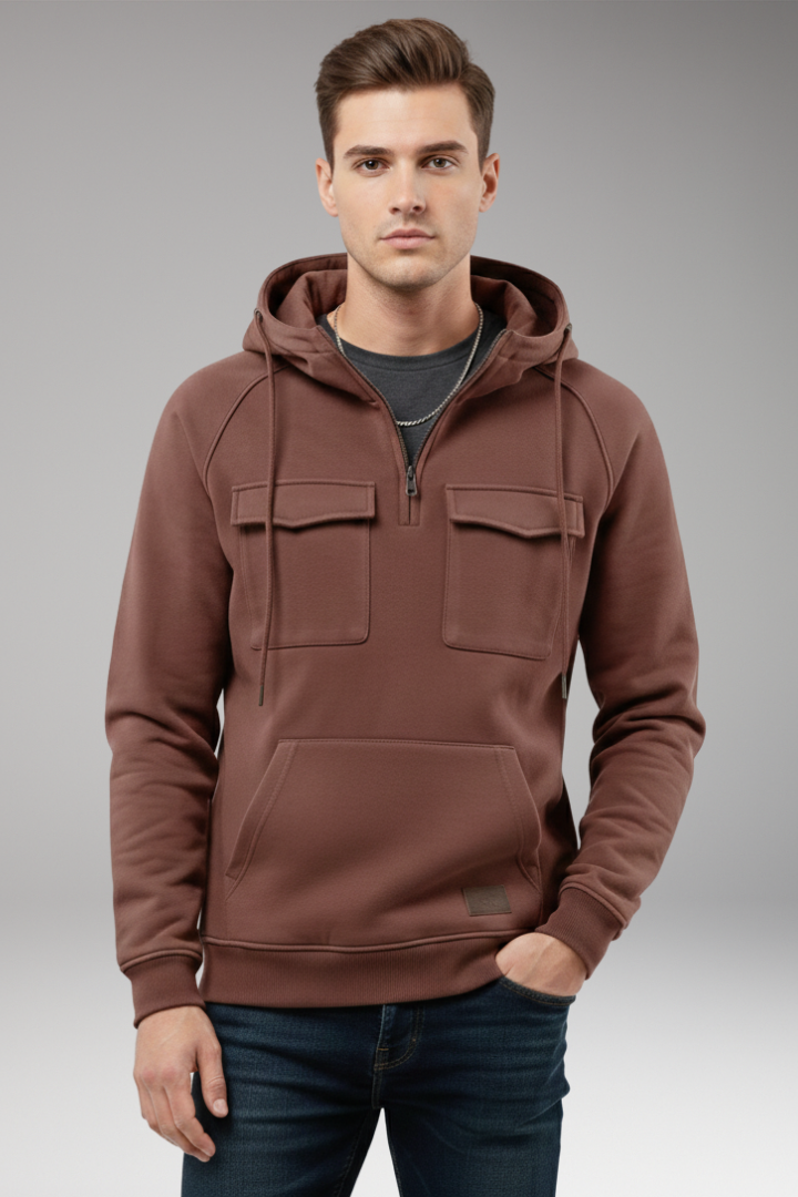 Men's Hooded Sweatshirt Half Zip Chest Pocket