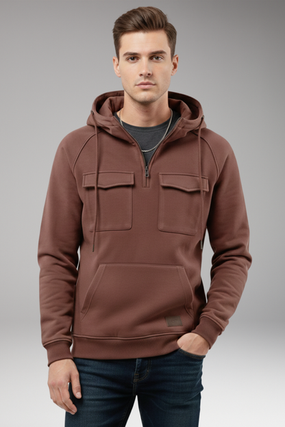 Men's Hooded Sweatshirt Half Zip Chest Pocket