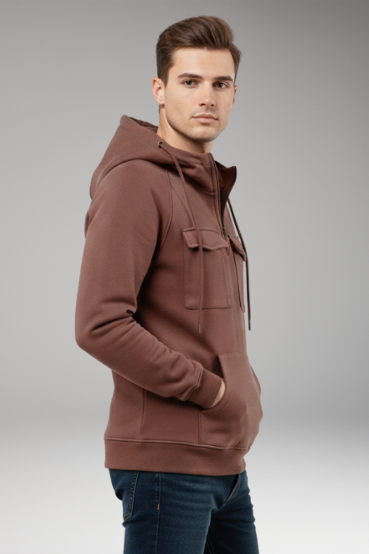 Men's Hooded Sweatshirt Half Zip Chest Pocket