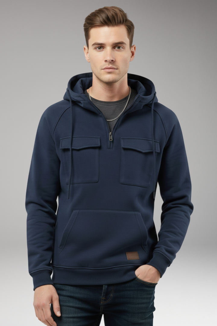 Men's Hooded Sweatshirt Half Zip Chest Pocket