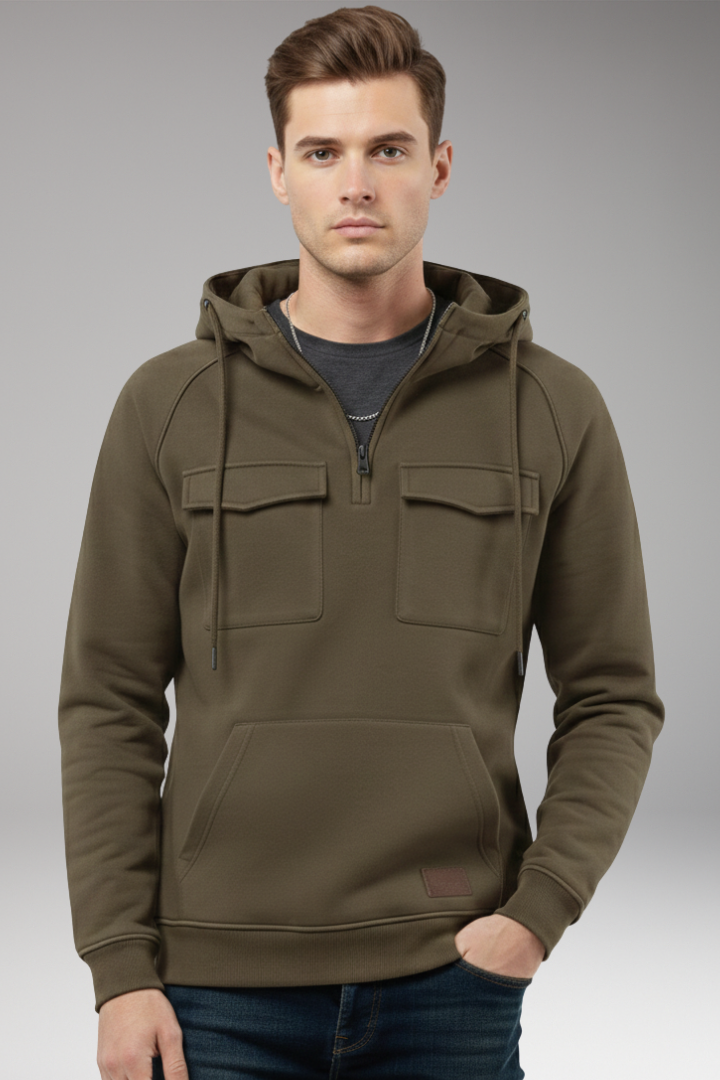 Men's Hooded Sweatshirt Half Zip Chest Pocket