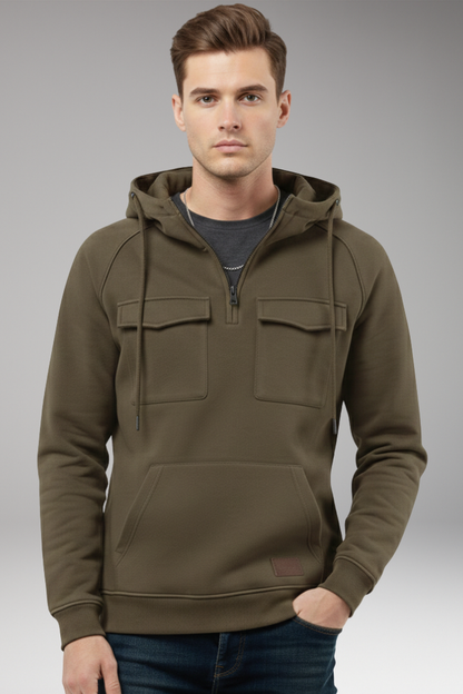 Men's Hooded Sweatshirt Half Zip Chest Pocket